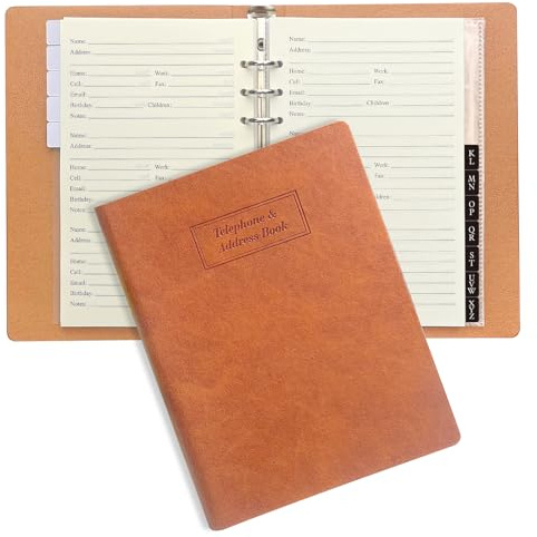 Happyaokeland Refillable Address Book with Alphabetical Tabs, Hardcover Phone Book 648 Contact Book w/Pockets, Large Print Address Books for Seniors, A5, Brown