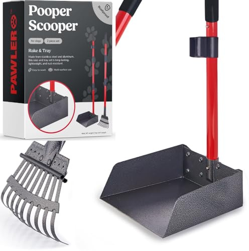 Pawler Pooper Scooper for Large Dogs and Small Dogs, Metal Poop Scooper Set with Long Handle Rake and Heavy Duty Tray for Yard, Grass, Dirt or Gravel, Heavy Duty Aluminum Poop Picker Upper