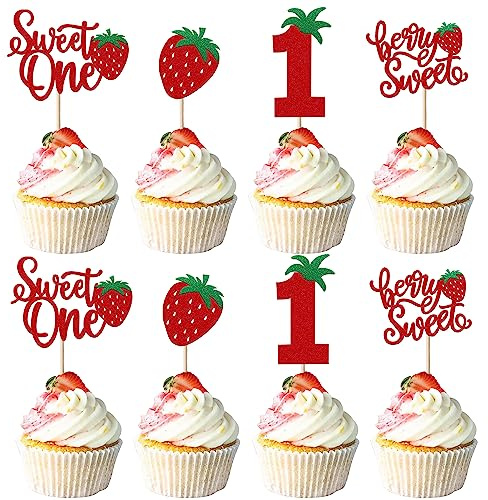 SYKYCTCY 24 Pack Sweet One Cupcake Toppers Glitter First Birthday Strawberry Cupcake Picks for Fruit Baby Shower 1st Birthday Berry Sweet Cupcake Decorations Party Supplies Red