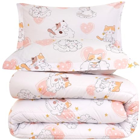 Yibeizi Juego de edredón infantil con diseño de gato para niñas tamaño individual, bonito juego de ropa de cama acolchado con estampado de corazón rosa con funda de almohada, ligero, suave,