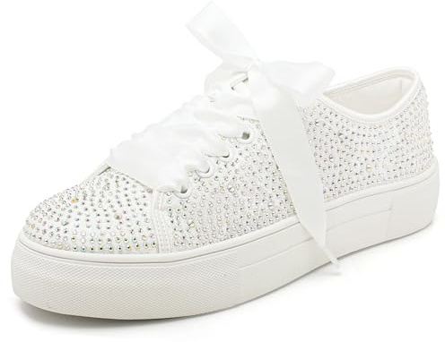 Elivandon 9995 Hochzeit Schuhe Spitze Braut Sneakers 3,7cm Plattform Braut Tennis Schuhe Sparkling Strass Hochzeit Sneakers Farbe Elfenbein,Größe 41 EU (7 UK)