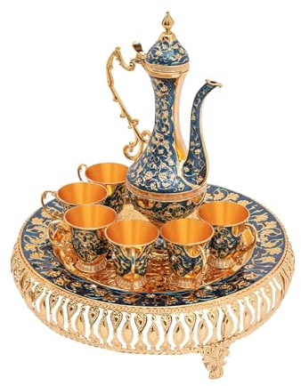 LUNICASHA Vintage Türkische Kaffeekanne Set, Türkisches Teeset mit Tablett und 6 Teegläser, Türkische Teegläser Set, Kaffekanne Marokkanische für Home Tea Party, Dunkelblau