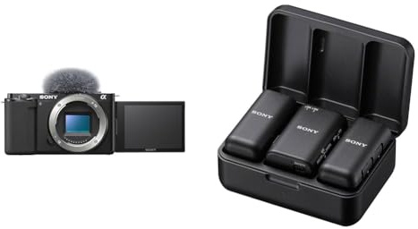 Sony Bundle Alpha ZV-E10 | APS-C spiegellose Wechselobjektiv-Vlog-Kamera (schwenkbarer Bildschirm für Vlogging, 4K-Video), Schwarz ECM-W3 | kabelloses Mikrofonsystem für 2 Mikros, schwarz