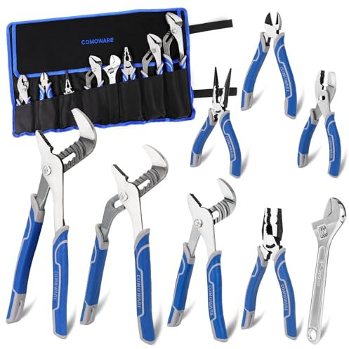 COMOWARE 8Pcs Pliers Set, 12, 10, 8 Groove Joint Pliers, 8 Adjustable Wrench, 8 Linesman, 6 Long Needle Nose, 6 Slip Joint, 6 Diagonal, Roll-Up Pouch Organizer, Rust-proof Black Oxide Coating