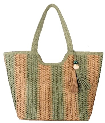 Generisch Strohtaschen Damen,Sommer Strandtasche Stroh Groß,Streifen Handgewebt Stroh Tote Tasche Mit Reißverschluss