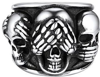 FaithHeart Bague Homme Acier Inoxydable Chevalière Homme Tête De Mort Taille 54-71.5, Ne rien entendre rien voir rien dire Chevalière Crâne Bijoux Anneau Gothique Biker