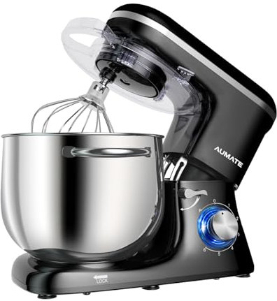 AUMATE Küchenmaschine, 1400 W, 8 L Knetmaschine, Teigmaschine mit Rührhaken, Knethaken, Schneebesen, 6 Geschwindigkeit, Mixer (Schwarz)