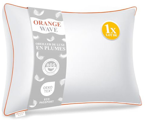 Orange Wave Almohada de 60 x 60 cm de plumón y pluma, cojín de lujo premium relleno esponjoso de 1200 g, comodidad y apoyo óptimo, suavidad lujosa de calidad hotelera para un sueño reparador
