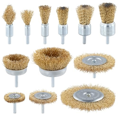 QWORK® 12-teiliges drahtbürste bohrmaschine, messingbeschichtete Drahtbürste , 1/4(6 mm) Schaft, zum Entfernen von Farbe, Reinigen von Rost und Schleifmitteln