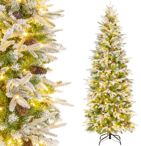 RELAX4LIFE 190 cm Künstlicher Weihnachtsbaum mit Beleuchtung und Schnee, Bleistift Tannenbaum mit 280 warmweißen LED-Lichtern & 60 Tannenzapfen & 671 Zweigspitzen, Christbaum schmal für Zuhause & Büro