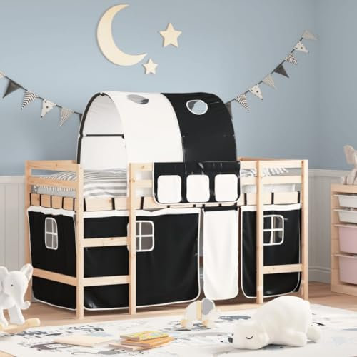 Tidyard Kinderhochbett,Hochbett Komplettset mit Tunnel Vorhängen,Spielbett Bett für Kinder Kinderbett Etagenbett Stockbett mit Tunnel Weiß & Schwarz 90x200 cm Kiefernholz