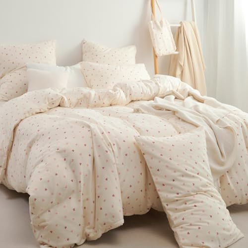 Sedefen Doppelte Musselin Bettwäsche 200x200 cm Baumwolle Leinen Weiß Rosa Herzen Bettwäsche Set,1 Bettbezug mit Reißverschluss und 2 Kissenbezug 80x80cm,85% Baumwolle und 15% Leinen Bettwäsche