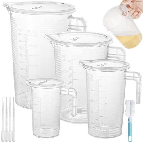 Realure 4 Piezas Jarra Medidora, 100ml/250ml/500/1000ml Vaso Medidores, Vaso Medidor de Precisión con Escala con Pipeta/Tapa/Cepillos, Dosificador de Vaso Dosificador, Cocina para Hornear, Laboratorio