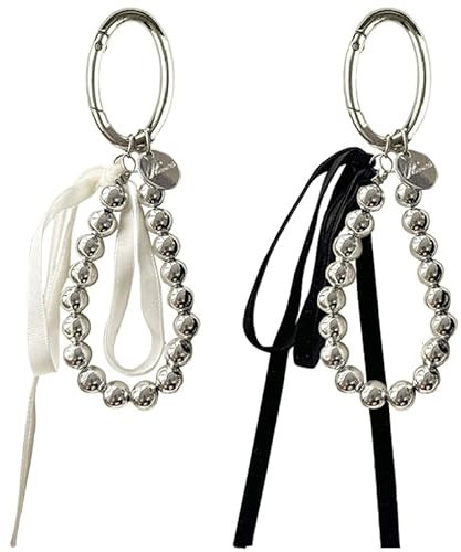 2Stück Y2K Schleife Schlüsselanhänger Bag Charms Anhänger Silber Perlen Schwarz Weiß Schleifen Taschenanhänger Cute Keychain Aesthetic Kawaii Schleifenknoten Schlüsselanhänger Süß Ribbon Bow Key Chain