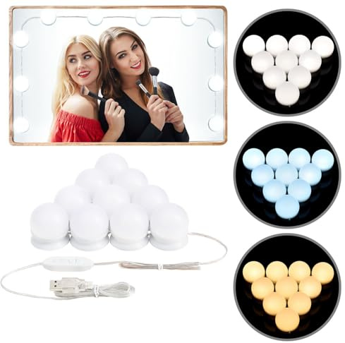 Juskys® Schminktisch Lichterkette 8 W mit 10 LED Lampen & USB - Farbtemperaturen & Helligkeit einstellbar - Zubehör für Spiegel - Beleuchtung - Weiß