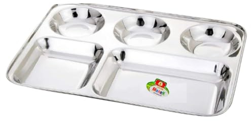 Kajal Edelstahl 1 Pack Thali Rechteckig, Geteilte Teller mit 5 Sektionen für Abendessen, Kinder, Camper, Portion Control - Tablett für Erwachsene Picky Eaters