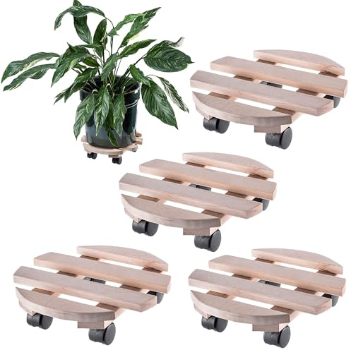 KADAX 4er Set Pflanzenroller 29,5cm Rund – Blumenroller aus Holz mit drehbaren Rollen für Blumentöpfe | Flexibel & Robust