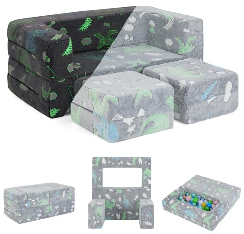 GYMAX Divano per Bambini Modulare a 2 Posti, con Motivi Luminosi al Buio, Copertura Rimovibile, Sofa Convertibile per la Stanza dei Bambini, Cameretta, Sala Giochi (Grigio)