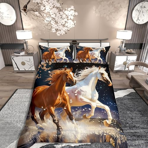 Homemissing Galoppierendes Pferd Bettwäsche Set 135x200cm Braun Weiß Laufendes Pferd Bettbezug Set Kinder Jungen Mädchen Galaxie Sterne Betten Set Kirschblüten Schlafzimmer 2Stück