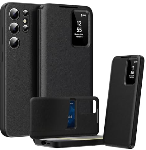 BRAND SET Premium Case for Galaxy S25 Ultra – Leather & PC Frame, Flip Phone Case with Card Slot & Smart Window, Leather Protective Cover for Samsung Galaxy S25 Ultra Case (Black)