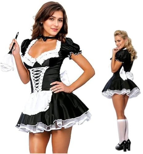 JOO-JOOG Sexy Maid Outfit, Women French Maid Costume Sexy Black Satin Halloween Fancy Dress S-5XL with Ruffled Skirt (1053A, L)