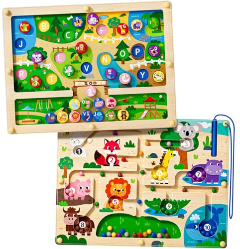 Magnetic Maze 2 in 1 Double Side Color and Number Maze Alphabet Puzzle Board for 3-5 Boys and Girls Kids Montessori Educational Toys (Zoo, One Size)