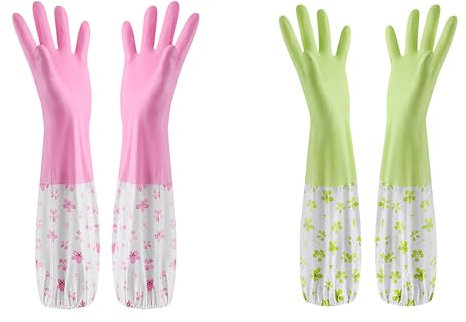 hioseyre 2 Pairs of Long Rubber Gloves, Waterproof Latex Dishwashing Gloves with Flock Lining, Reusable Non-Slip Kitchen Gloves for Dishwashing, Gardening, and Bathroom Cleaning,washing up glove,M