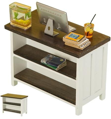 MOUNTTU Puppenhausmöbel, Puppenhausschreibtisch aus Holz im Maßstab 1:12, Miniatur-Bücherregal für Küche, Wohnzimmer, Schlafzimmer, Puppenhausschreibtisch