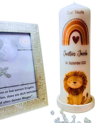 Personalisierte Taufkerze mit Motiv Löwe für Jungen und Mädchen,Kerze zur Taufe,Taufgeschenk,Kommunionskerze,Geburtstagskerze,Stumpenkerze