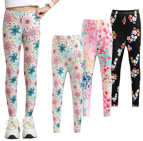 NEAWEALY Flickleggings, barn, sportleggings, långa joggingbyxor, elastiska sportbyxor, ogenomskinliga byxor, fritid, sovbyxor, 3-pack, Blommönster, 11-12 år