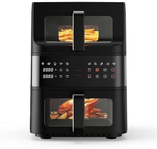 Heißluftfritteuse Doppelstapel mit Sichtfenster, Double Stack Kammern 10L Airfryer,10-in-1 Voreingestellten Programmen, Touchscreen, Intelligente und Timer, Energiesparend, Friteuse ohne Öl, Schwarz
