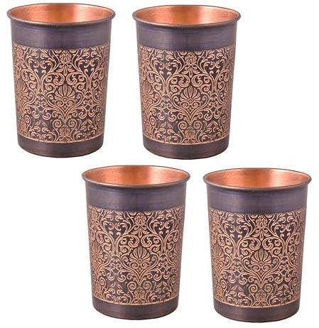 BRACOP® Wassergläser Trinkflasche Serviergeschirr aus reinem Kupfer Ayurveda-Wasserbecher geprägtes Glas 4-teiliges Moscow-Mule-Becher-Set für Saft Kupfer-Trinkgeschirr