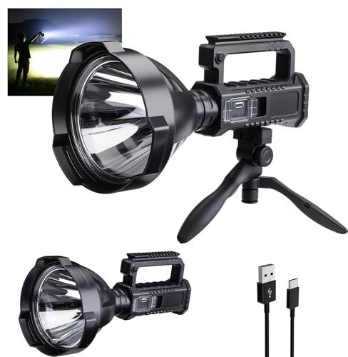 Rechargeable Spotlight Flashlight, Peascat 3,000,000L Lumens Super Bright Led Handheld Spot Light with 4 Modes, IPX5 Waterproof, 10H Runtime, Adjustable Tripod, USB-C Charging for Camping Fishing Boat