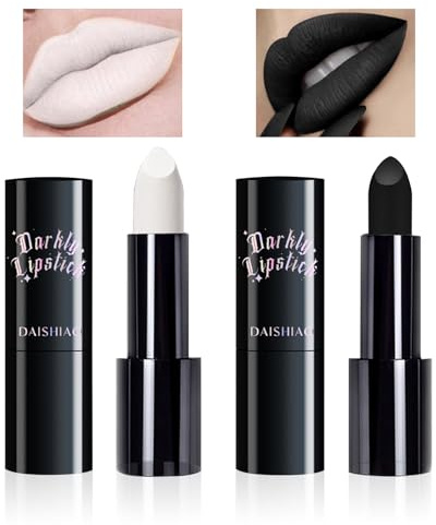 ARYIMYDP 2 Barra de Labios Negro y Blanco con Brillo Metálico, Ideal para Halloween y Festivales, Color Intenso y Resistente al Agua, Apropiado para Semana Santa y Celebraciones