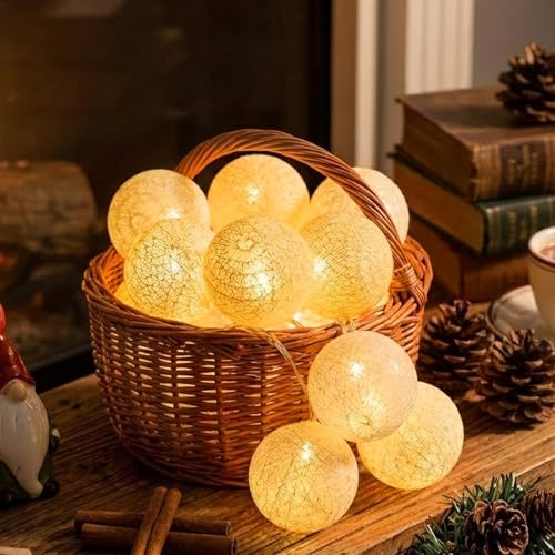 ALEGRE 3M 20LED Baumwollkugeln Lichterkette Kugeln mit Timer,4cm Cotton Ball Lichterkette Kinderzimmer,Lichterketten Innen,Kugel Lichterketten Baumwollkugeln für Hochzeit,Schlafzimmer,Weihnachten Deko