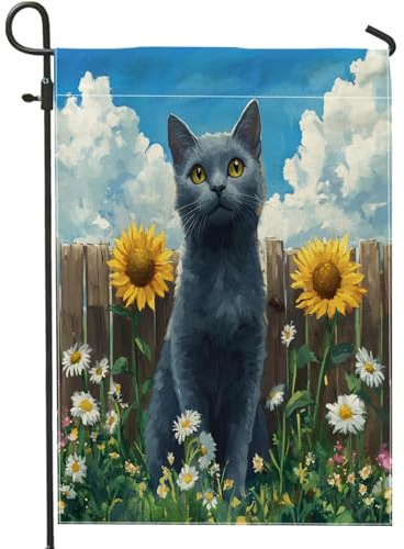 Gartenflaggen mit russischer blauer Katze, 30,5 x 45,7 cm, doppelseitig für den Außenbereich, dekorativ, Sonnenblumenzaun, Kätzchenmuster, Vorhof, Haus, Bauernhaus, Haustier, Outdoor, kleine