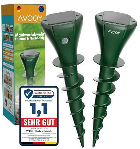 AVOQY Premium Solar Maulwurf Vertreiber Solar [ZWEIERPACK] – Humane Ultraschall- & Vibrations-Abwehr gegen Maulwürfe & Wühlmäuse, Solarbetrieben, Wasserdicht IP65, Für Garten & Rasen