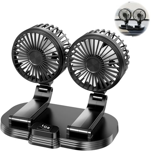 Gresophony Ventilador de Coche, Ventilador USB Doble Cabezal Portátil Rotación de 360° con 2 Velocidades, Ventilador de Escritorio para Coche Salpicadero Ventana Casa