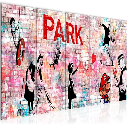Runa Art Wandbild XXL Banksy Collage Loft Wohnzimmer 200 x 80 cm Bunt 5 Teilig - Made in Germany - 013255c