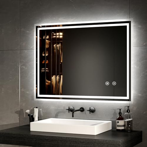 EMKE Badspiegel mit Beleuchtung 80x60cm Badezimmerspiegel mit Antibeschlag, Touchschalter, kaltweiß dimmbar, Speicherfunktion, 3 Stunde automatische Abschaltung, Energiesparend Wandspiegel
