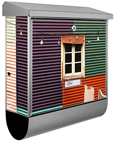 banjado® Burgwächter Briefkasten Edelstahl 38x39x12cm mit Motiv Buntes Haus/Briefkasten Edelstahl ohne Zeitungsfach/Briefkasten grau/Postkasten inkl. Montagematerial & 2 Schlüsseln