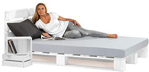 sunnypillow 180x200 cm Palettenbett mit Kopfteil Weiß Massivholzbett Bett aus Paletten Palettenmöbel Fichte europalette Weiss 80 90 100 120 140 160 180 200 220 240 x 200cm