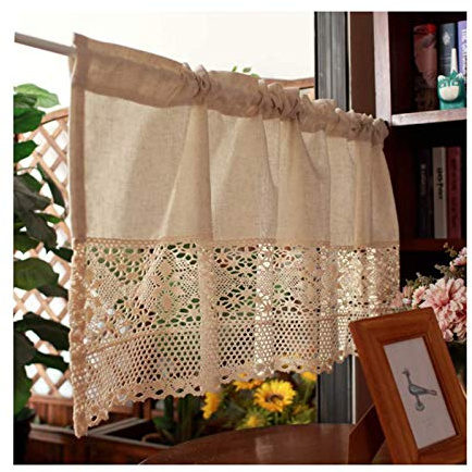 Siunwdiy Scheibengardinen küche Häkeln Vintage Beige Bistrogardinen Landhausstil Spitze Cafe Vorhang Baumwolle Leinen Kurzstore Gardine / 1 Stück,W150cm×H60cm
