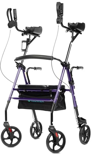 ELENKER Upright Walker, Stand Up Rollator Walker with Padded Seat and Backrest, Compact Folding, Fully Adjustment Frame for Seniors, Purple