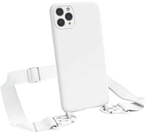 EAZY CASE Premium Silikon 2 in 1 Handykette kompatibel mit iPhone 11 Pro Max Handyhülle mit Umhängeband, Handykordel mit Silikonhülle, Hülle mit Band, Kette für Smartphone, Weiß