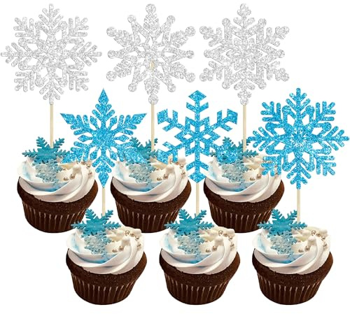 Gyufise 36 Stück Schneeflocken Cupcake Topper Blau Silber Glitzer Winter Frozen Thema Cupcake Picks Baby Shower Kinder Geburtstag Party Weihnachten Kuchen Dekorationen Zubehör