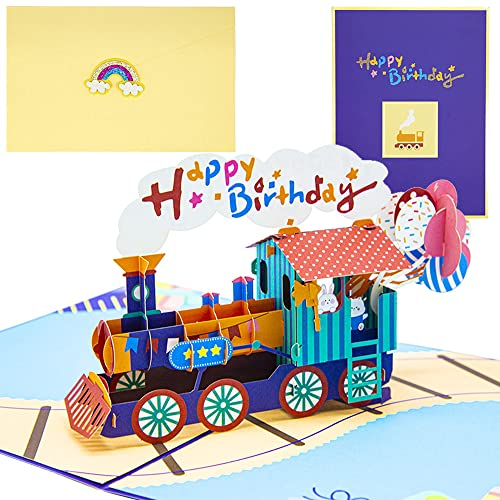 Sharonlily Happy Birthday Train Pop Up Karte, 3D Cartoon Zug Popup Geburtstag Geschenkkarten, Handgemachte Geburtstag Grußkarte mit Umschlag für Vater, Kinder, Mädchen, Jungen, Enkelin, Freund