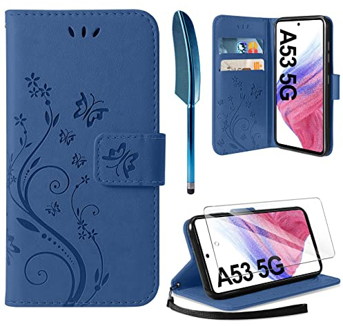 AROYI Lederhülle Kompatibel mit Samsung Galaxy A53 5G Hülle und Schutzfolie, Flip Wallet Handyhülle PU Leder Tasche Case Kartensteckplätzen Schutzhülle Dunkel Blau