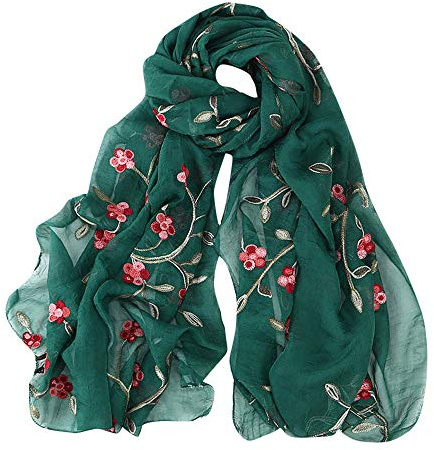 Seidenschal Damen Blume Gedruckt Muster Mode Eleganten Stil Warme Weich Seidentuch Lange Halstücher Sonnencreme Stola Ganzjährig (11 Dunkelgrün)