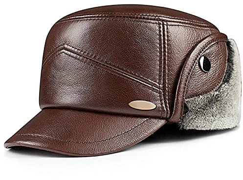 JIARY Mütze Herren,Fliegermütze,Outdoor-Lederhut Für Herren Mit Winddichter, Warmer Ohrenschützer-Lederhut,Trappermütze Aus Pelz Für Herren,Brown a,XXL (59~60cm)